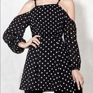 Reformation Nadia Long Sleeve Cold Shoulder Black Polka Dot Mini Dress Medium